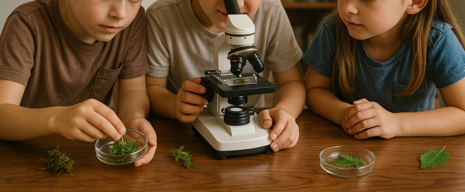 Growing Minds Botany children observing plants under microscope during a botany lesson